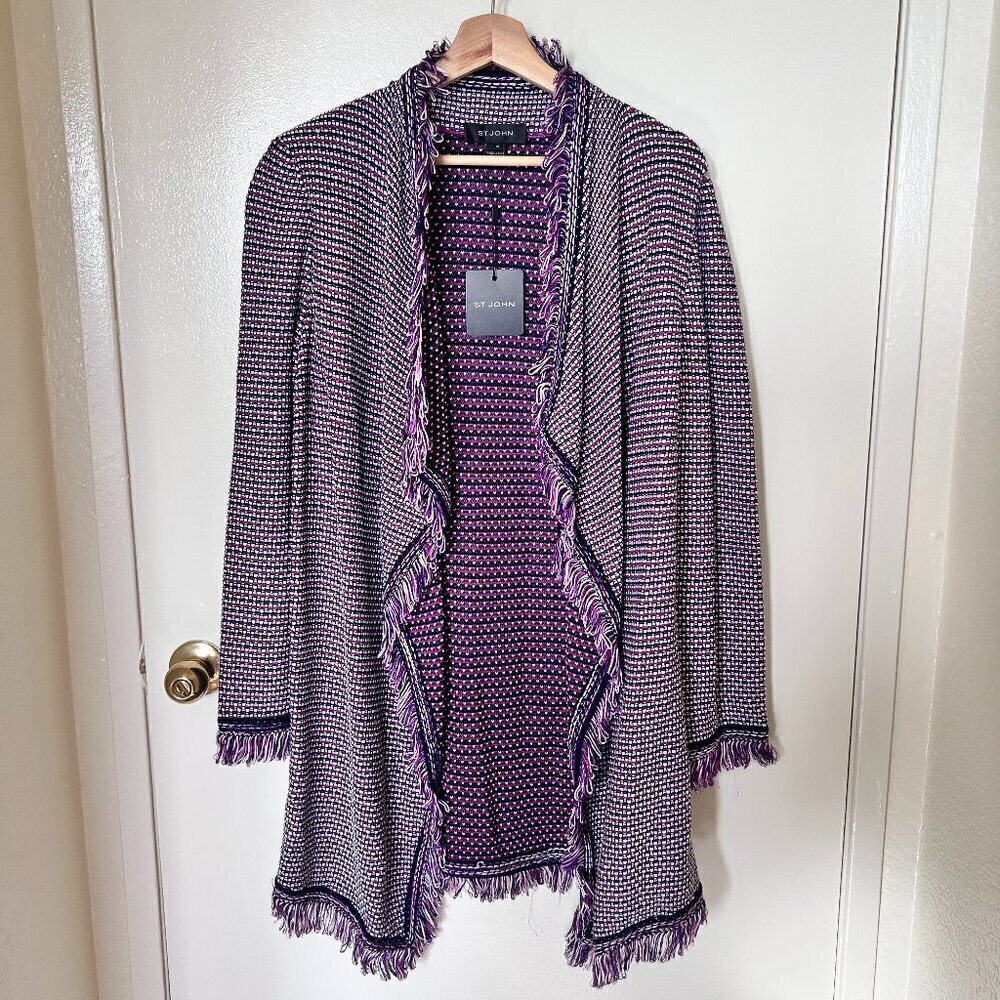 NWT St. John Fiore Knit Coat Open Waterfall Fringe Wool Blend Cardigan Purple M 